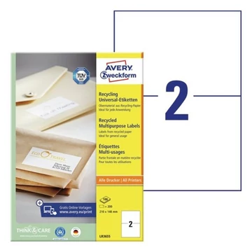 Etikett AVERY LR3655 210x148mm környezetbarát 200 címke/doboz 100 ív/doboz Etikett AVERY LR3655 210x148mm környezetbarát 200 címke/doboz 100 ív/doboz