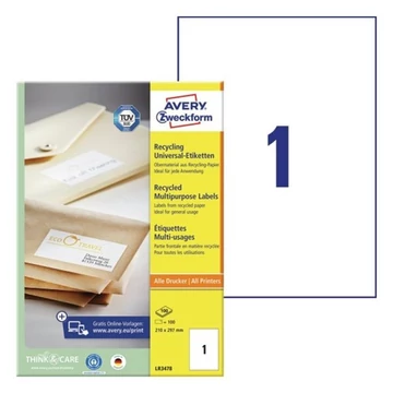 Etikett AVERY LR3478 210x297mm környezetbarát 100 címke/doboz 100 ív/doboz Etikett AVERY LR3478 210x297mm környezetbarát 100 címke/doboz 100 ív/doboz