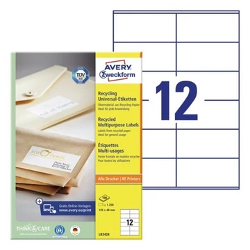 Etikett AVERY LR3424 105x48mm környezetbarát 1200 címke/doboz 100 ív/doboz Etikett AVERY LR3424 105x48mm környezetbarát 1200 címke/doboz 100 ív/doboz