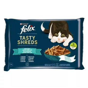 Állateledel alutasakos FELIX Tasty Shreds macskáknak 4-pack halas lazac-tonhal válogatás szószban 4x80g Állateledel alutasakos FELIX Tasty Shreds macskáknak 4-pack halas lazac-tonhal válogatás szószban 4x80g