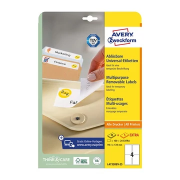 Etikett AVERY L4733REV-25 99,1x139 mm univerzális visszaszedhető 30 ív/csomag Etikett AVERY L4733REV-25 99,1x139 mm univerzális visszaszedhető 30 ív/csomag