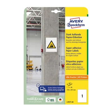 Etikett AVERY L7877-20 210x297 mm szuper öntapadó 20 ív/csomag Etikett AVERY L7877-20 210x297 mm szuper öntapadó 20 ív/csomag