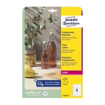 Etikett AVERY L7788-25 80 mm víztiszta átlátszó kör 25 ív/csomag Etikett AVERY L7788-25 80 mm víztiszta átlátszó kör 25 ív/csomag