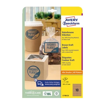 Etikett AVERY L7108-25 105x57 mm újrahasznosított barna kraft 25 ív/csomag Etikett AVERY L7108-25 105x57 mm újrahasznosított barna kraft 25 ív/csomag