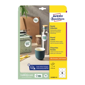 Etikett AVERY L6229REV-10  80mm univerzális kör visszaszedhető 10 ív/csomag Etikett AVERY L6229REV-10  80mm univerzális kör visszaszedhető 10 ív/csomag