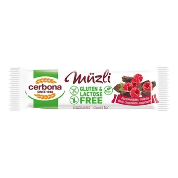 Müzliszelet CERBONA étcsokoládés és málnás gluténmentes 35g Müzliszelet CERBONA étcsokoládés és málnás gluténmentes 35g