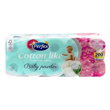 Toalettpapír PERFEX Cotton Like 3 rétegű 10 tekercses baby powder perfume Toalettpapír PERFEX Cotton Like 3 rétegű 10 tekercses baby powder perfume