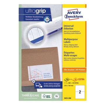 Etikett AVERY 3655-200 210x148 mm fehér univerzális 440 címke/doboz 200+20 ív/doboz Etikett AVERY 3655-200 210x148 mm fehér univerzális 440 címke/doboz 200+20 ív/doboz