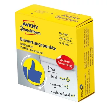 Etikett AVERY 3861 öntapadó jelölőpont adagoló dobozban kék hüvelykújj sárga alpon mintás 19mm 250 jelölőpont/doboz Etikett AVERY 3861 öntapadó jelölőpont adagoló dobozban kék hüvelykújj sárga alpon mintás 19mm 250 jelölőpont/doboz