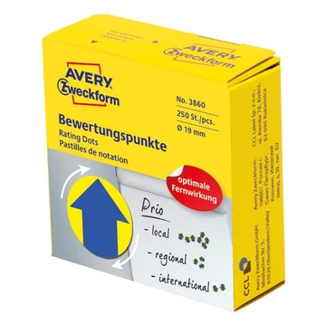 Etikett AVERY 3860 öntapadó jelölőpont adagoló dobozban kék nyíl sárga alpon mintás 19mm 250 jelölőpont/doboz Etikett AVERY 3860 öntapadó jelölőpont adagoló dobozban kék nyíl sárga alpon mintás 19mm 250 jelölőpont/doboz