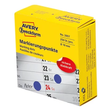 Etikett AVERY 3857 öntapadó jelölőpont adagoló dobozban kék 19mm 250 jelölőpont/doboz Etikett AVERY 3857 öntapadó jelölőpont adagoló dobozban kék 19mm 250 jelölőpont/doboz