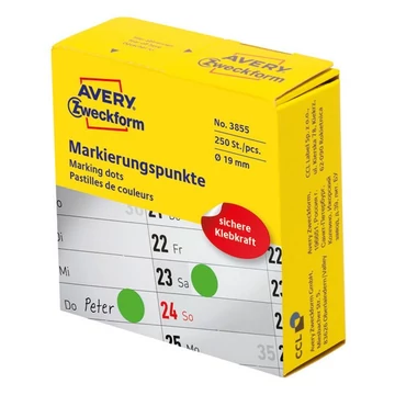 Etikett AVERY 3855 öntapadó jelölőpont adagoló dobozban zöld 19mm 250 jelölőpont/doboz Etikett AVERY 3855 öntapadó jelölőpont adagoló dobozban zöld 19mm 250 jelölőpont/doboz