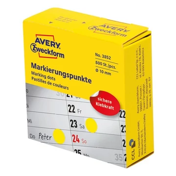 Etikett AVERY 3852 öntapadó jelölőpont adagoló dobozban sárga 10mm 800 jelölőpont/doboz Etikett AVERY 3852 öntapadó jelölőpont adagoló dobozban sárga 10mm 800 jelölőpont/doboz