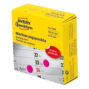 Etikett AVERY 3850 öntapadó jelölőpont adagoló dobozban pink 10mm 800 jelölőpont/doboz Etikett AVERY 3850 öntapadó jelölőpont adagoló dobozban pink 10mm 800 jelölőpont/doboz