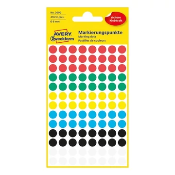 Etikett AVERY 3008 öntapadó jelölőpont vegyes 6 szín 8mm 416 jelölőpont/csomag Etikett AVERY 3008 öntapadó jelölőpont vegyes 6 szín 8mm 416 jelölőpont/csomag