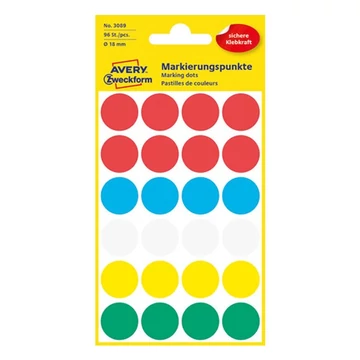Etikett AVERY 3089 öntapadó jelölőpont vegyes 5 szín 18 mm 96 jelölőpont/csomag Etikett AVERY 3089 öntapadó jelölőpont vegyes 5 szín 18 mm 96 jelölőpont/csomag