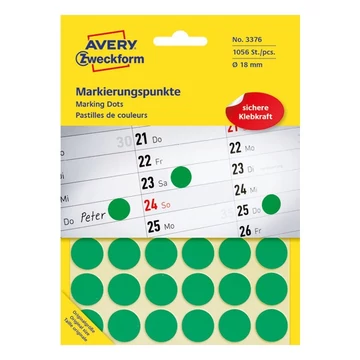 Etikett AVERY 3376 öntapadó jelölőpont zöld 18mm 1056 jelölőpont/csomag Etikett AVERY 3376 öntapadó jelölőpont zöld 18mm 1056 jelölőpont/csomag