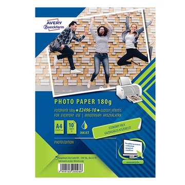 Fotópapír AVERY E2496-10 Economy 180g fényes A/4 inkjet nyomtatóhoz 10 ív/doboz Fotópapír AVERY E2496-10 Economy 180g fényes A/4 inkjet nyomtatóhoz 10 ív/doboz