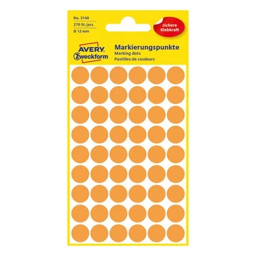 Etikett AVERY 3148 jelölőpont 12 mm neon narancssárga 270 címke/doboz 5 ív/doboz Etikett AVERY 3148 jelölőpont 12 mm neon narancssárga 270 címke/doboz 5 ív/doboz