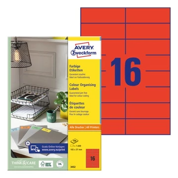 Etikett AVERY 3452 105x37mm univerzális piros 1600 címke/doboz 100 ív/doboz Etikett AVERY 3452 105x37mm univerzális piros 1600 címke/doboz 100 ív/doboz