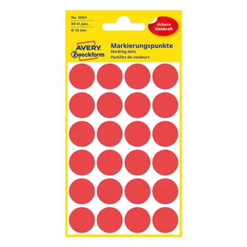Etikett AVERY 3004 jelölőpont 18mm piros 96 db/csomag Etikett AVERY 3004 jelölőpont 18mm piros 96 db/csomag
