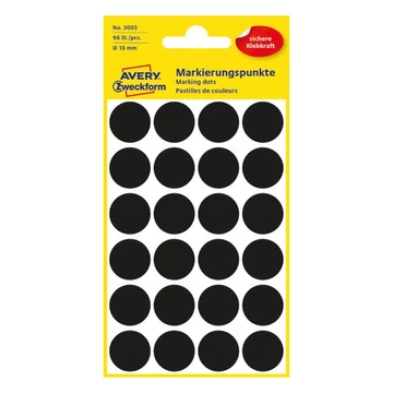 Etikett AVERY 3003 jelölőpont 18 mm fekete 96 címke/doboz 4 ív/doboz Etikett AVERY 3003 jelölőpont 18 mm fekete 96 címke/doboz 4 ív/doboz