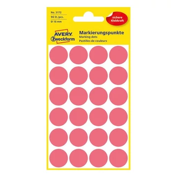 Etikett AVERY 3172 jelölőpont 18mm neon piros 96 címke/doboz 4 ív/doboz Etikett AVERY 3172 jelölőpont 18mm neon piros 96 címke/doboz 4 ív/doboz