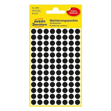 Etikett AVERY 3009 jelölőpont 8mm fekete 416 db/csomag Etikett AVERY 3009 jelölőpont 8mm fekete 416 db/csomag