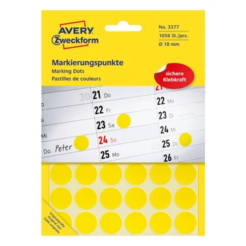 Etikett AVERY 3377 öntapadó jelölőpont sárga 18mm 1056 jelölőpont/csomag Etikett AVERY 3377 öntapadó jelölőpont sárga 18mm 1056 jelölőpont/csomag
