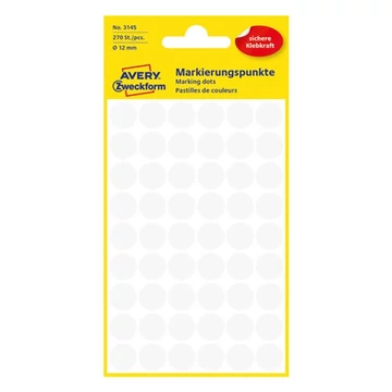 Etikett AVERY 3145 jelölőpont 12mm fehér 270 db/csomag Etikett AVERY 3145 jelölőpont 12mm fehér 270 db/csomag