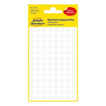 Etikett AVERY 3175 jelölőpont 8mm fehér 416 db/csomag Etikett AVERY 3175 jelölőpont 8mm fehér 416 db/csomag