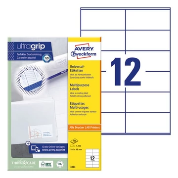 Etikett AVERY 3424 105x48mm univerzális 1200 címke/doboz 100 ív/doboz Etikett AVERY 3424 105x48mm univerzális 1200 címke/doboz 100 ív/doboz