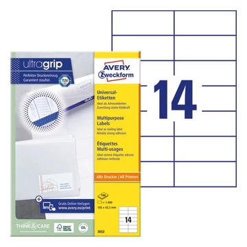 Etikett AVERY 3653 105x42,3mm univerzális 1400 címke/doboz 100 ív/doboz Etikett AVERY 3653 105x42,3mm univerzális 1400 címke/doboz 100 ív/doboz