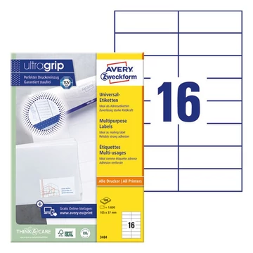 Etikett AVERY 3484 105x37mm univerzális 1600 címke/doboz 100 ív/doboz Etikett AVERY 3484 105x37mm univerzális 1600 címke/doboz 100 ív/doboz