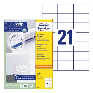 Etikett AVERY 3652 70x42,3mm univerzális 2100 címke/doboz 100 ív/doboz Etikett AVERY 3652 70x42,3mm univerzális 2100 címke/doboz 100 ív/doboz