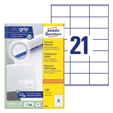 Etikett AVERY 3481 70x41mm univerzális fehér 2100 címke/doboz 100 ív/doboz Etikett AVERY 3481 70x41mm univerzális fehér 2100 címke/doboz 100 ív/doboz