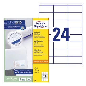 Etikett AVERY 3422 70x35mm univerzális 2400 címke/doboz 100 ív/doboz Etikett AVERY 3422 70x35mm univerzális 2400 címke/doboz 100 ív/doboz