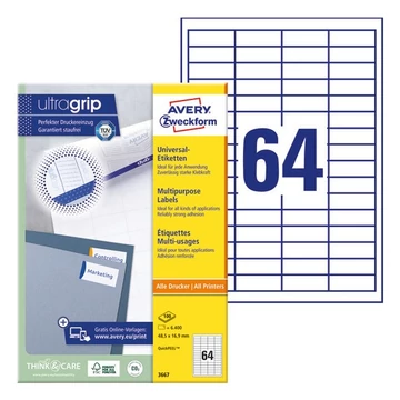 Etikett AVERY 3667 48,5x16,9mm univerzális 6400 címke/doboz 100 ív/doboz Etikett AVERY 3667 48,5x16,9mm univerzális 6400 címke/doboz 100 ív/doboz