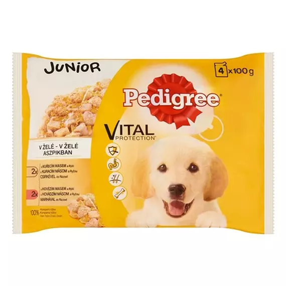 Állateledel alutasakos PEDIGREE Junior kutyáknak 4-pack csirke-marha válogatás 4x100g