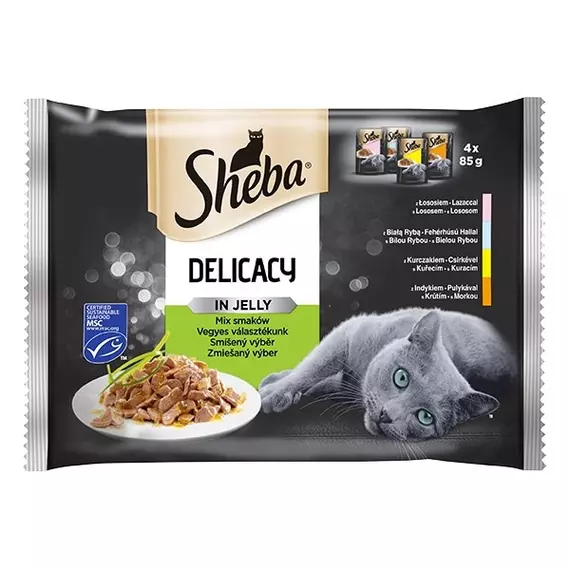 Állateledel alutasakos SHEBA Delicacy macskáknak 4-pack vegyes lazac-hal-csirke-pulyka válogatás 4x85g